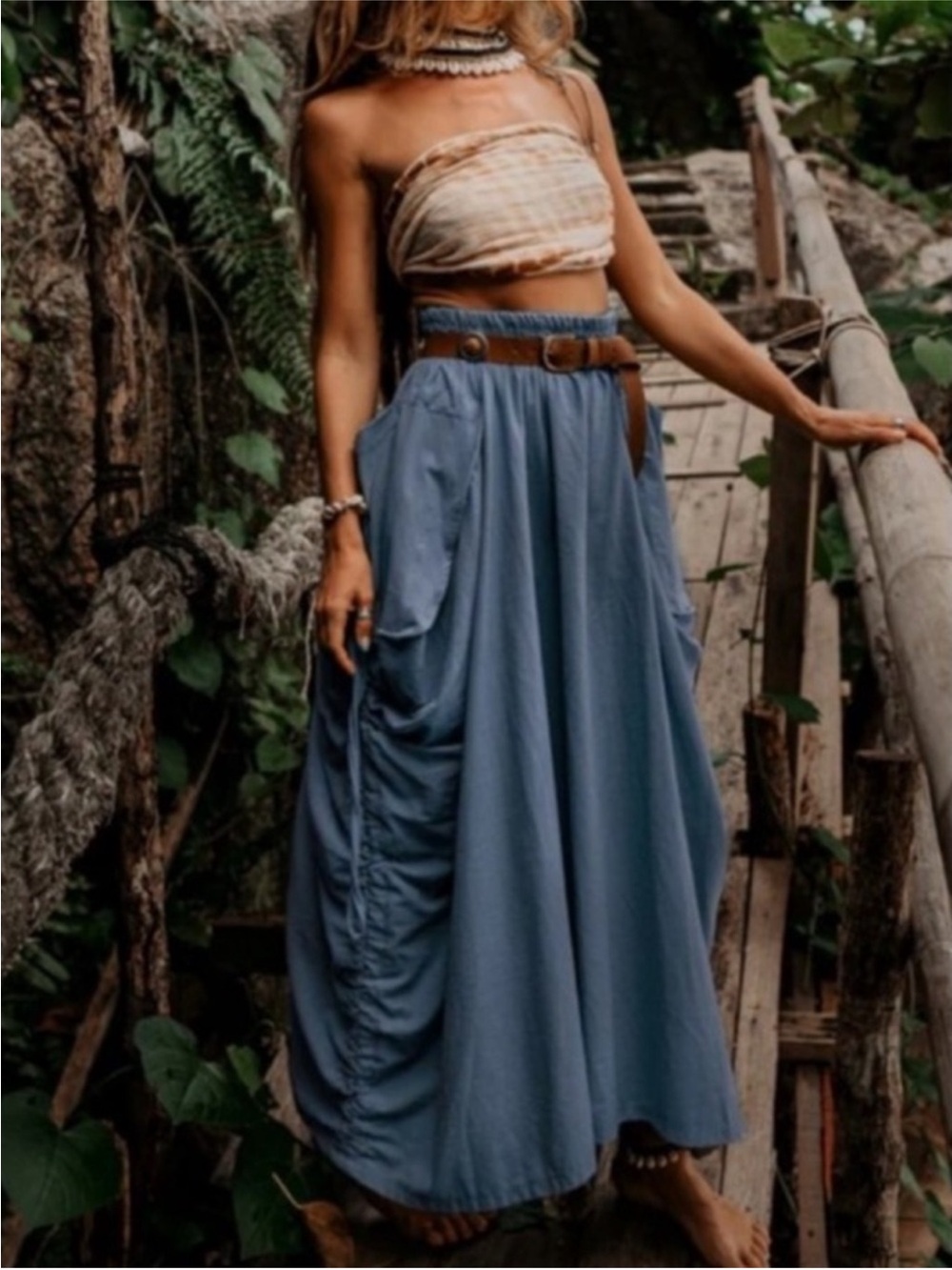 Thaluta Pull On Ruched Maxi Skirt Cotton Bohemian Artsy Lagenlook Sustainable - Picture 4 of 8